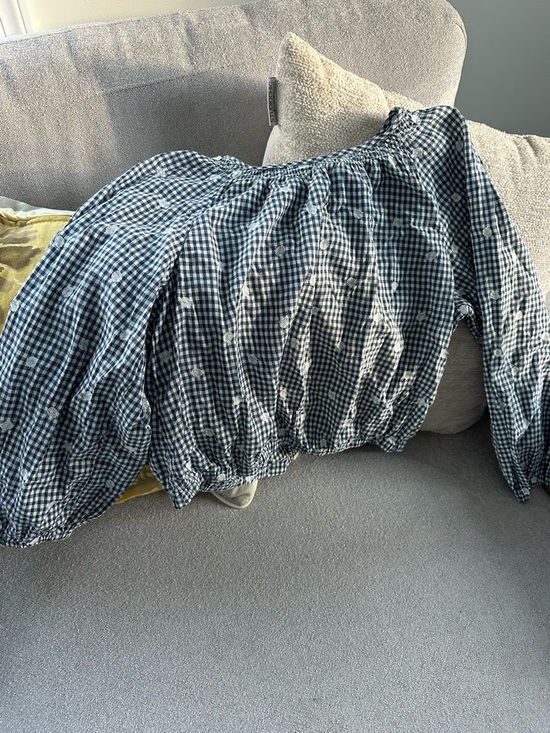 Madewell Tops - Madewell Navy and White Gingham Puff-Sleeve Blouse